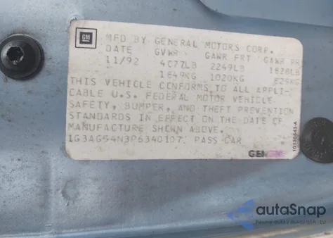 1993 Oldsmobile Cutlass Ciera S z USA, uszkodzony, nr VIN 1G3AG54N3P6340107